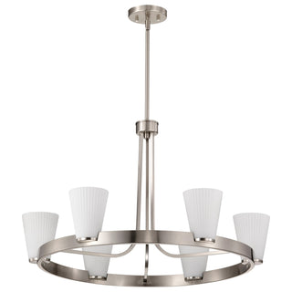 Buy brushed-nickel-with-ribbed-white-glass-and-white-shade Royale Chandelier by Nuvo Lighting
