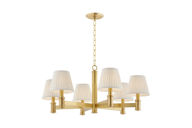 Woodland Park Chandelier by Hudson Valley - 6 Light (32.00"W x 14.50"H), Aged Brass with Cream Silk Glass and Natural/Cream Shade [Hudson Valley-3532-AGB|MAIN]