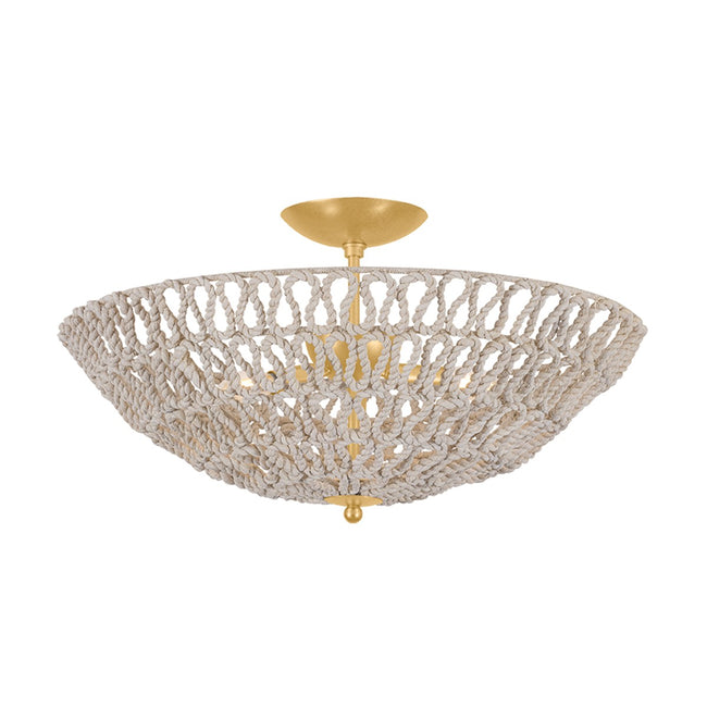 Pleasant Plains Semi-Flush Mount Ceiling Light by Hudson Valley - Vintage Gold Leaf with Natural Abaca Rope Glass and Woven/Natural Shade [Hudson Valley-5425-VGL|MAIN]