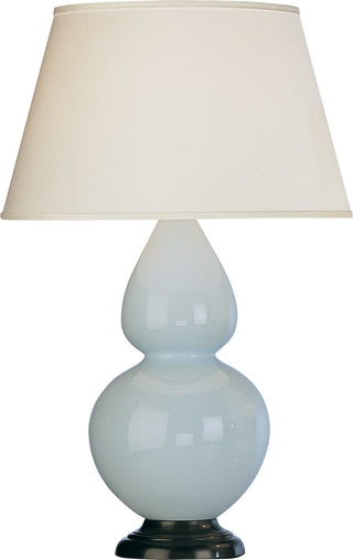 Buy baby-blue-glazed-ceramic-w-deep-patina-bronzeed-with-pearl-dupioni-fabric-shade-glass-and-white-shade Double Gourd Table Lamp by Robert Abbey