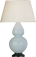 Baby Blue Glazed Ceramic w/Deep Patina Bronzeed with Pearl Dupioni Fabric Shade Glass and White Shade