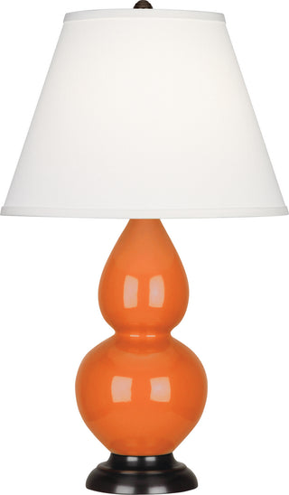 Buy pumpkin-glazed-ceramic-w-deep-patina-bronzeed-with-pearl-dupioni-fabric-shade-glass Small Double Gourd Lamp by Robert Abbey