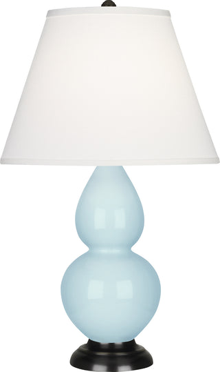 Buy baby-blue-glazed-ceramic-w-deep-patina-bronzeed-with-pearl-dupioni-fabric-shade-glass Small Double Gourd Table Lamp by Robert Abbey