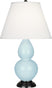 Baby Blue Glazed Ceramic w/Deep Patina Bronzeed with Pearl Dupioni Fabric Shade Glass