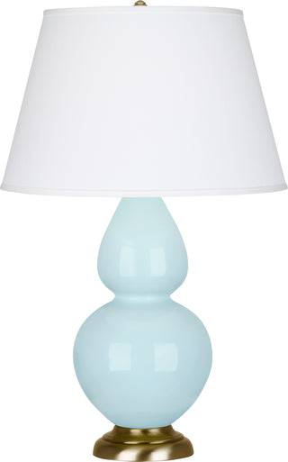 Buy baby-blue-glazed-ceramic-w-antique-natural-brassed-with-pearl-dupioni-fabric-shade-glass Double Gourd Table Lamp by Robert Abbey