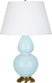 Baby Blue Glazed Ceramic w/Antique Natural Brassed with Pearl Dupioni Fabric Shade Glass