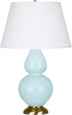 Baby Blue Glazed Ceramic w/Antique Natural Brassed with Pearl Dupioni Fabric Shade Glass