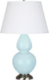 Baby Blue Glazed Ceramic w/Antique Silvered with Pearl Dupioni Fabric Shade Glass