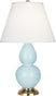 Baby Blue Glazed Ceramic w/Antique Natural Brassed with Pearl Dupioni Fabric Shade Glass