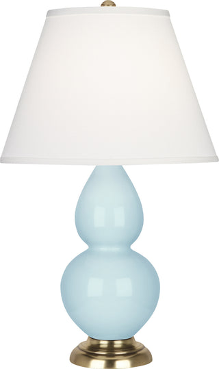Buy baby-blue-glazed-ceramic-w-antique-natural-brassed-with-pearl-dupioni-fabric-shade-glass Small Double Gourd Table Lamp by Robert Abbey