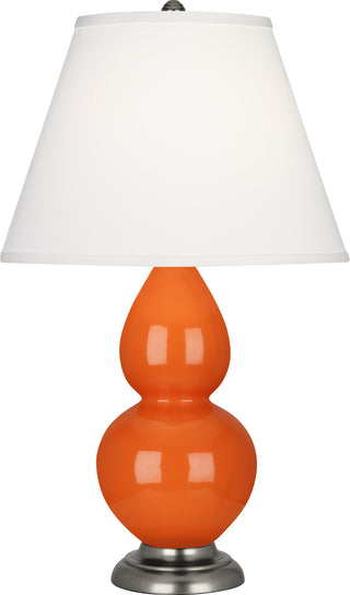 Buy pumpkin-glazed-ceramic-w-antique-silvered-with-pearl-dupioni-fabric-shade-glass-and-white-shade Small Double Gourd Lamp by Robert Abbey