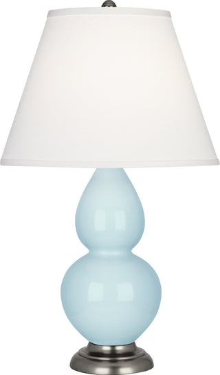 Buy baby-blue-glazed-ceramic-w-antique-silvered-with-pearl-dupioni-fabric-shade-glass-and-white-shade Small Double Gourd Lamp by Robert Abbey