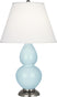 Baby Blue Glazed Ceramic w/Antique Silvered with Pearl Dupioni Fabric Shade Glass and White Shade