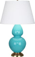Egg Blue Glazed Ceramic w/Antique Natural Brassed with Pearl Dupioni Fabric Shade Glass and White Shade