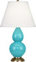 Egg Blue Glazed Ceramic w/Antique Silvered with Pearl Dupioni Fabric Shade Glass and White Shade