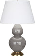 Smokey Taupe Glazed Ceramic w/Antique Natural Brassed with Pearl Dupioni Fabric Shade Glass and White Shade