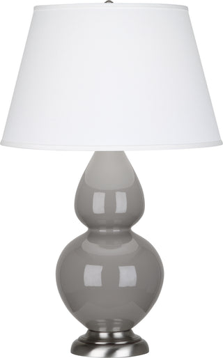 Buy smokey-taupe-glazed-ceramic-w-antique-silvered-with-pearl-dupioni-fabric-shade-glass-and-white-shade Double Gourd Table Lamp by Robert Abbey