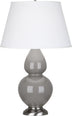 Smokey Taupe Glazed Ceramic w/Antique Silvered with Pearl Dupioni Fabric Shade Glass and White Shade