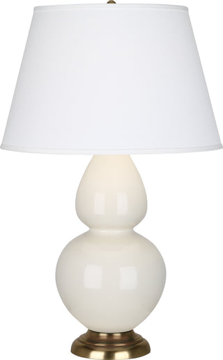 Buy bone-glazed-ceramic-w-antique-natural-brassed-with-pearl-dupioni-fabric-shade-glass-and-white-shade Double Gourd Table Lamp by Robert Abbey