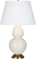 Bone Glazed Ceramic w/Antique Natural Brassed with Pearl Dupioni Fabric Shade Glass and White Shade