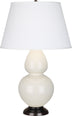 Bone Glazed Ceramic w/Deep Patina Bronzeed with Pearl Dupioni Fabric Shade Glass and White Shade