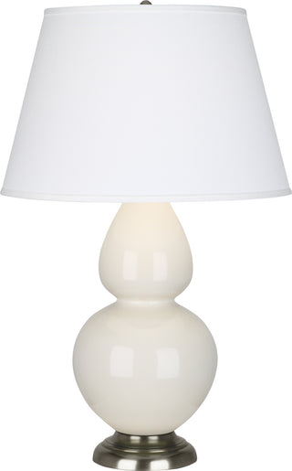 Buy bone-glazed-ceramic-w-antique-silvered-with-pearl-dupioni-fabric-shade-glass-and-white-shade Double Gourd Table Lamp by Robert Abbey
