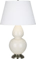 Bone Glazed Ceramic w/Antique Silvered with Pearl Dupioni Fabric Shade Glass and White Shade