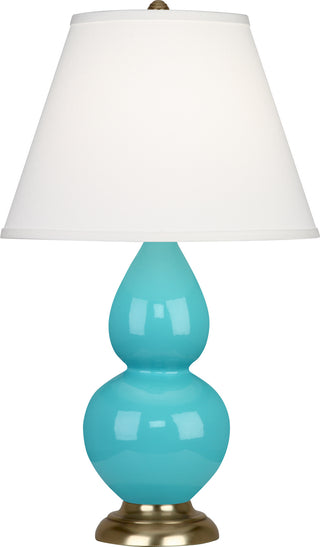 Buy egg-blue-glazed-ceramic-antique-brassed-with-pearl-dupioni-fabric-shade-glass-and-white-shade Small Double Gourd Table Lamp by Robert Abbey