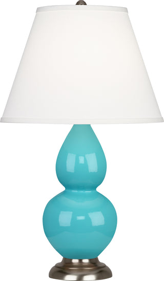 Buy egg-blue-glazed-ceramic-w-antique-silvered-with-pearl-dupioni-fabric-shade-glass-and-white-shade Small Double Gourd Table Lamp by Robert Abbey