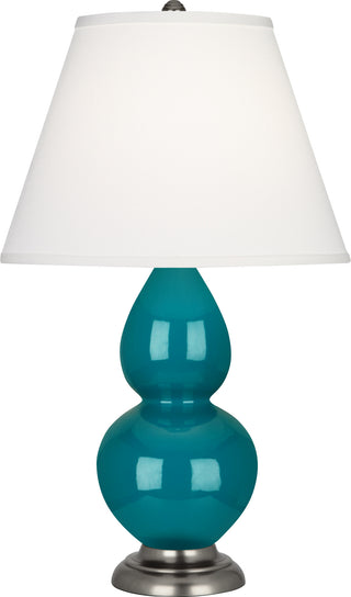 Buy peacock-glazed-ceramic-w-antique-silvered-with-pearl-dupioni-fabric-shade-glass-and-white-shade Small Double Gourd Table Lamp by Robert Abbey