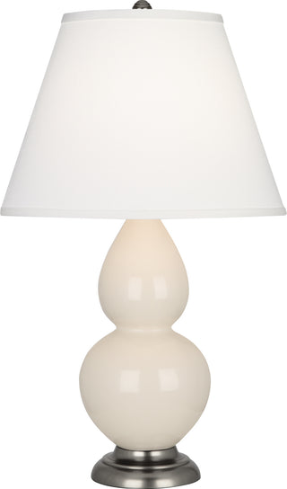 Buy bone-glazed-ceramic-w-antique-silvered-with-pearl-dupioni-fabric-shade-glass Small Double Gourd Table Lamp by Robert Abbey