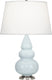 Baby Blue Glazed Ceramic w/Antique Silvered with Pearl Dupioni Fabric Shade Glass and Natural/Cream Shade