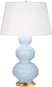 Baby Blue Glazed Ceramic w/Antique Natural Brassed with Pearl Dupioni Fabric Shade Glass and Natural/Cream Shade