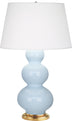 Baby Blue Glazed Ceramic w/Antique Natural Brassed with Pearl Dupioni Fabric Shade Glass and Natural/Cream Shade