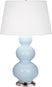 Baby Blue Glazed Ceramic w/Antique Silvered with Pearl Dupioni Fabric Shade Glass