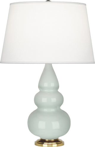 Buy celadon-glazed-ceramic-w-antique-natural-brassed-with-pearl-dupioni-fabric-shade-glass-and-green-shade Small Triple Gourd Table Lamp by Robert Abbey