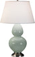 Celadon Glazed Ceramic w/Antique Silvered with Pearl Dupioni Fabric Shade Glass and Green Shade