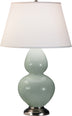 Celadon Glazed Ceramic w/Antique Silvered with Pearl Dupioni Fabric Shade Glass and Green Shade