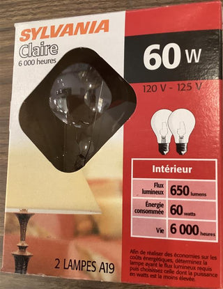 60 Watt A19 Incandescent, Medium Base, 120V-125V Clear 2-Pack Light Bulb by Sylvania