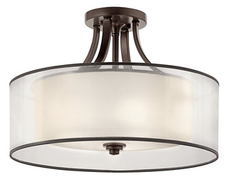 Buy mission-bronze-with-clear-satin-etched-glass-and-beige-tan-shade Lacey Flush Mount Ceiling Light by Kichler