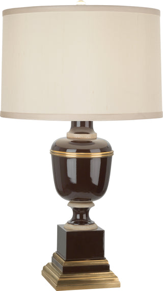 Buy chocolate-lacquered-paint-w-natural-brass-ivory-crackle-with-spindrift-snowflake-fabric-shade-glass-and-amber-brown-shade Annika Table Lamp by Robert Abbey