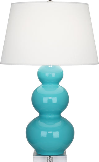 Buy egg-blue-glazed-ceramic-w-lucite-with-pearl-dupioni-fabric-shade-glass-and-blue-shade Triple Gourd Table Lamp by Robert Abbey