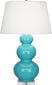 Egg Blue Glazed Ceramic w/Lucite with Pearl Dupioni Fabric Shade Glass and Blue Shade