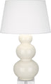Bone Glazed Ceramic w/Lucite with Pearl Dupioni Fabric Shade Glass and White Shade