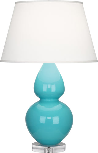 Buy egg-blue-glazed-ceramic-w-lucite-with-pearl-dupioni-fabric-shade-glass-and-white-shade Double Gourd Table Lamp by Robert Abbey