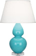 Egg Blue Glazed Ceramic w/Lucite with Pearl Dupioni Fabric Shade Glass and White Shade