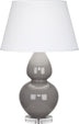 Smokey Taupe Glazed Ceramic w/Lucite with Pearl Dupioni Fabric Shade Glass and White Shade