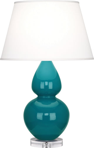 Buy peacock-glazed-ceramic-w-lucite-with-pearl-dupioni-fabric-shade-glass-and-white-shade Double Gourd Table Lamp by Robert Abbey
