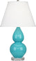 Egg Blue Glazed Ceramic w/Lucite with Pearl Dupioni Fabric Shade Glass and White Shade