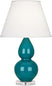Peacock Glazed Ceramic w/Lucite with Pearl Dupioni Fabric Shade Glass and White Shade